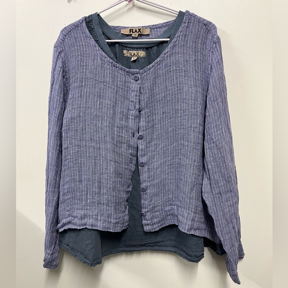 FLAX 100% Linen Button Up Top Blue Weave Lagenlook Boho Coastal Artsy Womens M